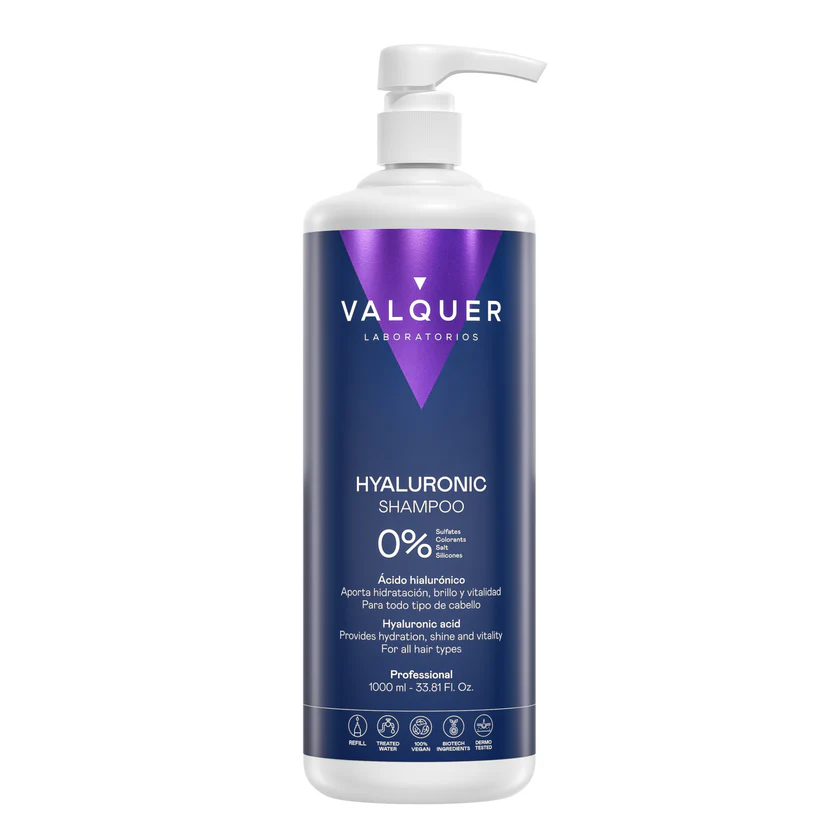 Champú con Ácido Hialurónico 0% Sin Sulfatos Valquer 1000 ml – champú hidratante profesional para cabello seco y deshidratado