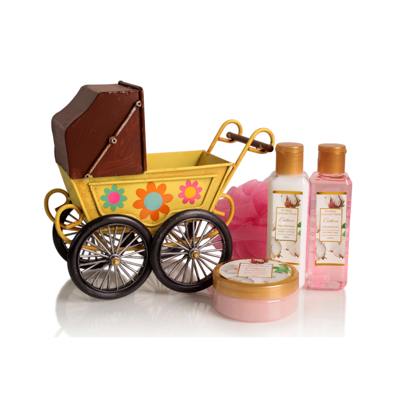 Set de Baño Pokhara cochecito bebé metal flor de algodón – kit cuidado corporal aroma suave