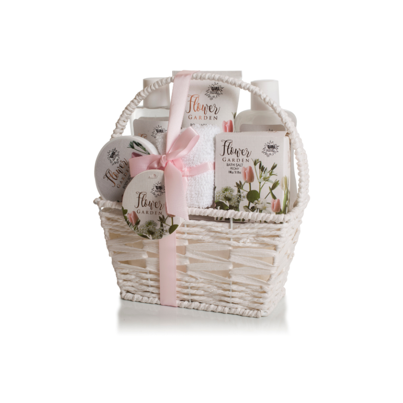 Set de Baño Peonía Pokhara en cesta blanca – kit de cuidado corporal con aroma floral