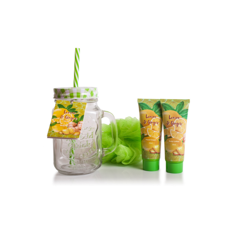 Set de Baño Pokhara jarra de cristal limón y jengibre – kit de cuidado corporal aroma cítrico