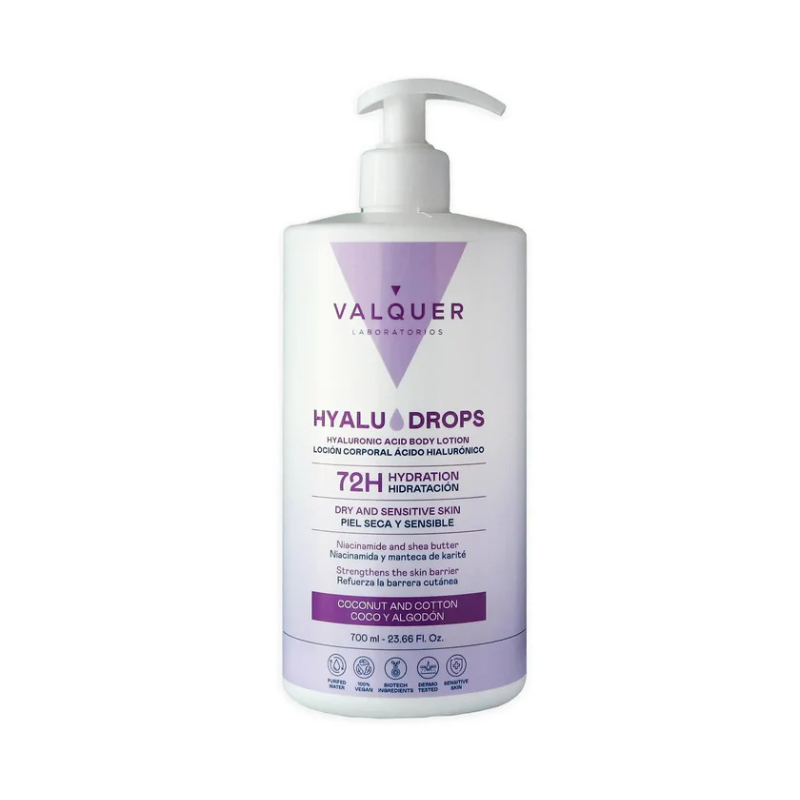 Loción Corporal Hyaludrops Coco y Algodón Valquer 700 ml – loción hidratante corporal con ácido hialurónico y aroma suave