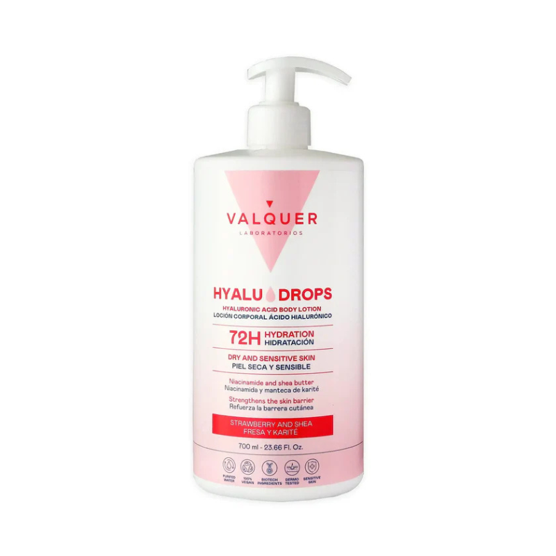 Loción Corporal Hyaludrops Fresa y Karité Valquer 700 ml – loción hidratante corporal con ácido hialurónico