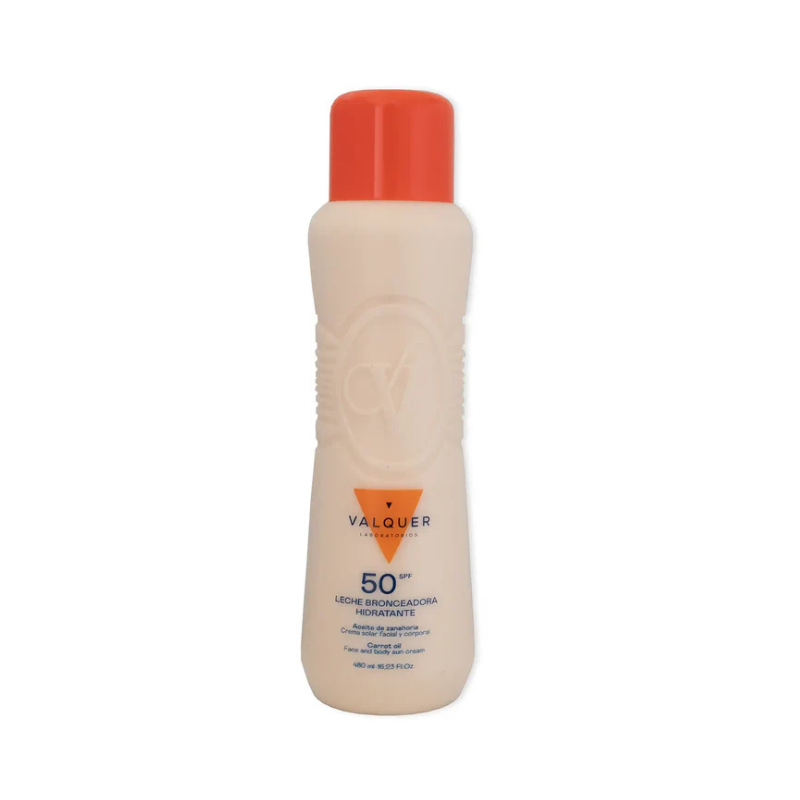 Leche hidratante bronceadora zanahoria SPF 50 Valquer 480 ml – protector solar facial y corporal alta protección