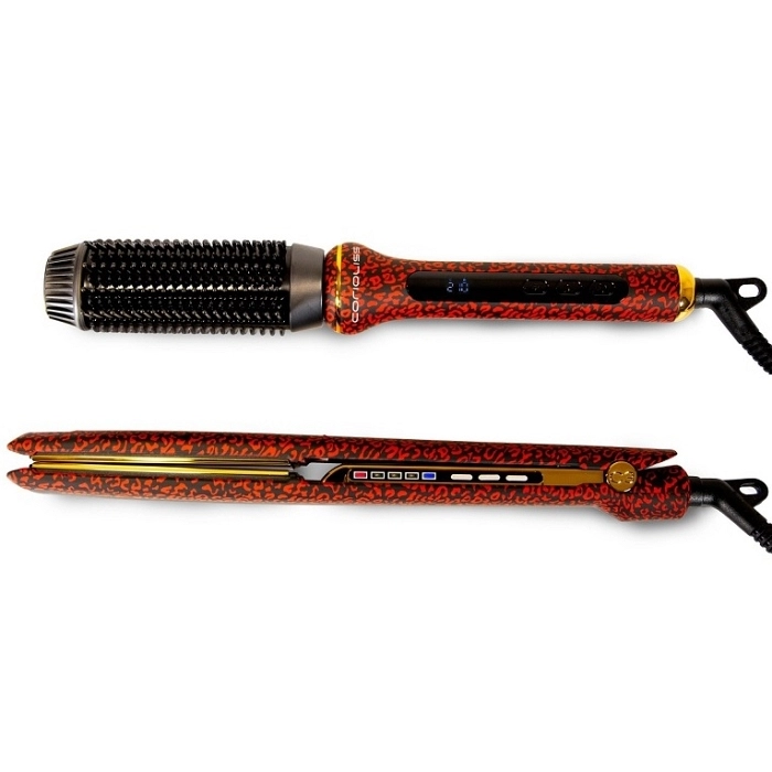 Kit plancha C3 y cepillo eléctrico Hot Brush Corioliss Red Leopard – pack profesional alisado y volumen