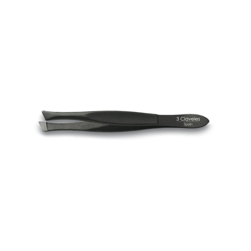 Pinza de depilar sesgada negra acero carbono 3 Claveles ref 12222 – pinza profesional precisión