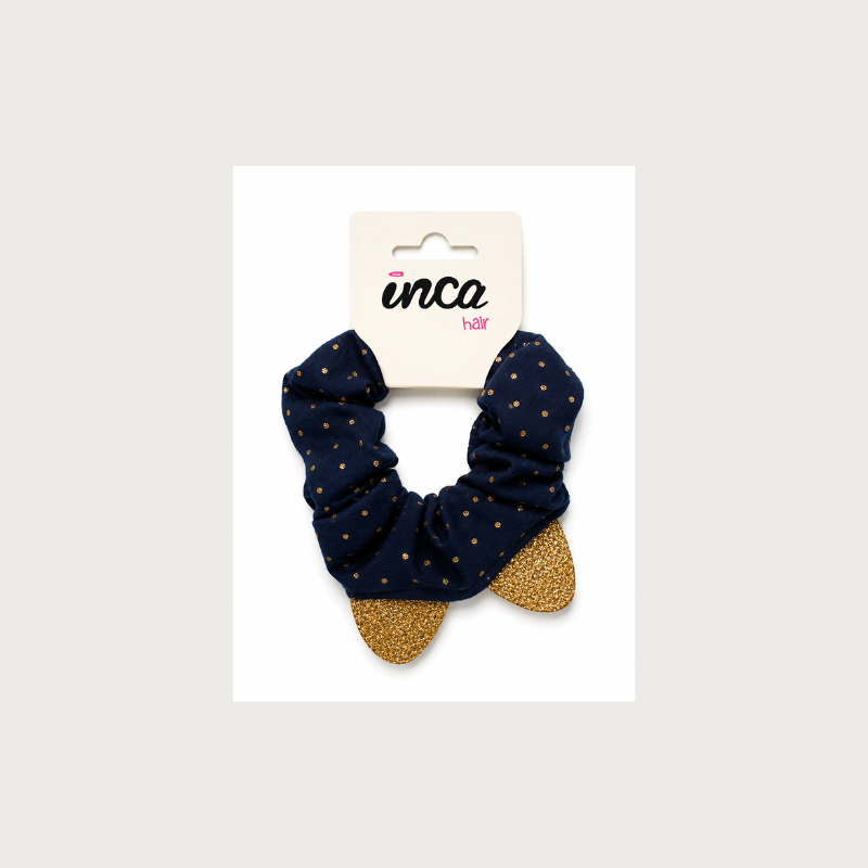 Coletero scrunchie azul marino con lunares dorados y lazo glitter Inca Hair – accesorio infantil para el cabello