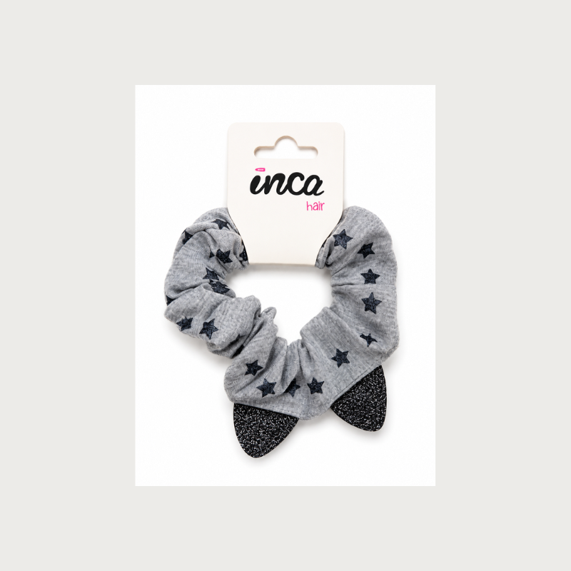 Coletero scrunchie gris con estrellas y lazo glitter negro Inca Hair – accesorio infantil para el cabello