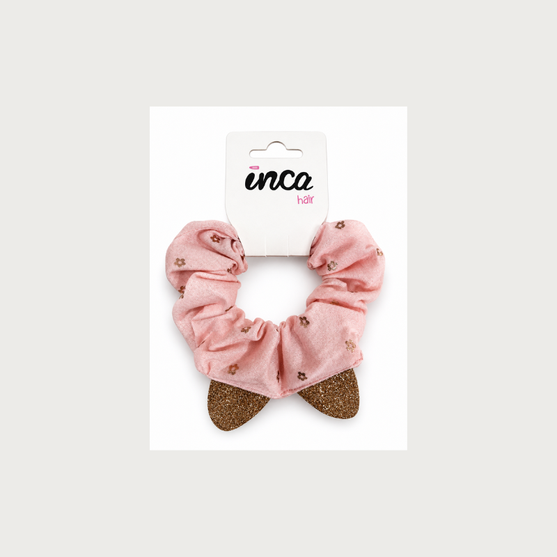 Coletero scrunchie rosa con lazo y flores doradas Inca Hair – accesorio infantil para el cabello