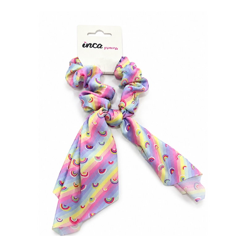 Coletero Scrunchie con lazo arcoíris multicolor Inca Hair – accesorio para el cabello de niña
