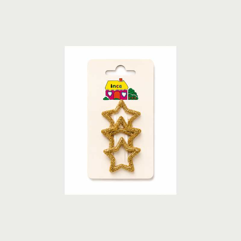 Pack 3 pinzas clip estrella dorada glitter Inca Hair – accesorios infantiles para el cabello