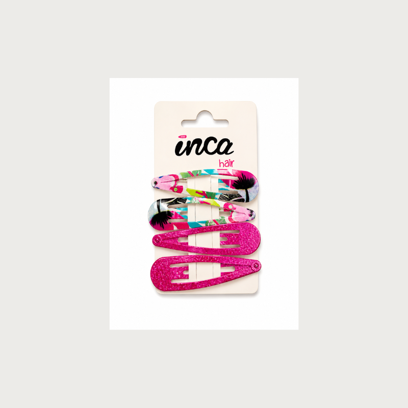 Pack 4 pinzas clip fucsia glitter y estampado tropical Inca Hair – accesorios infantiles para el cabello