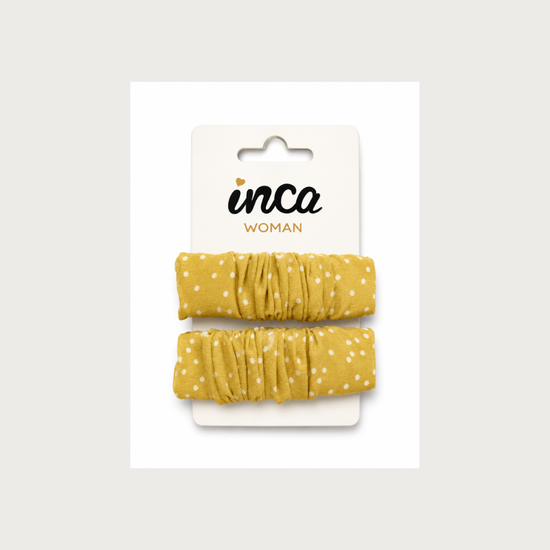 Pack 2 pinzas clip amarillo mostaza con lunares blancos Inca Hair – accesorios para el cabello infantil