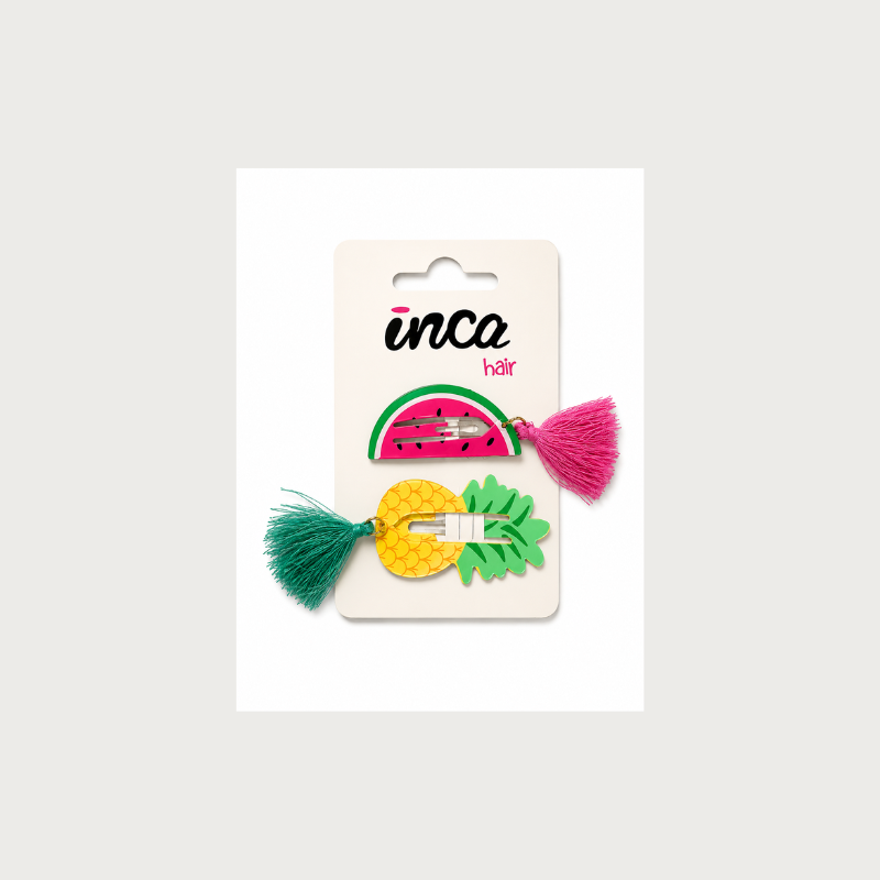 Pack 2 pinzas clip sandía y piña tropical con borlas Inca Hair – accesorios infantiles para el cabello