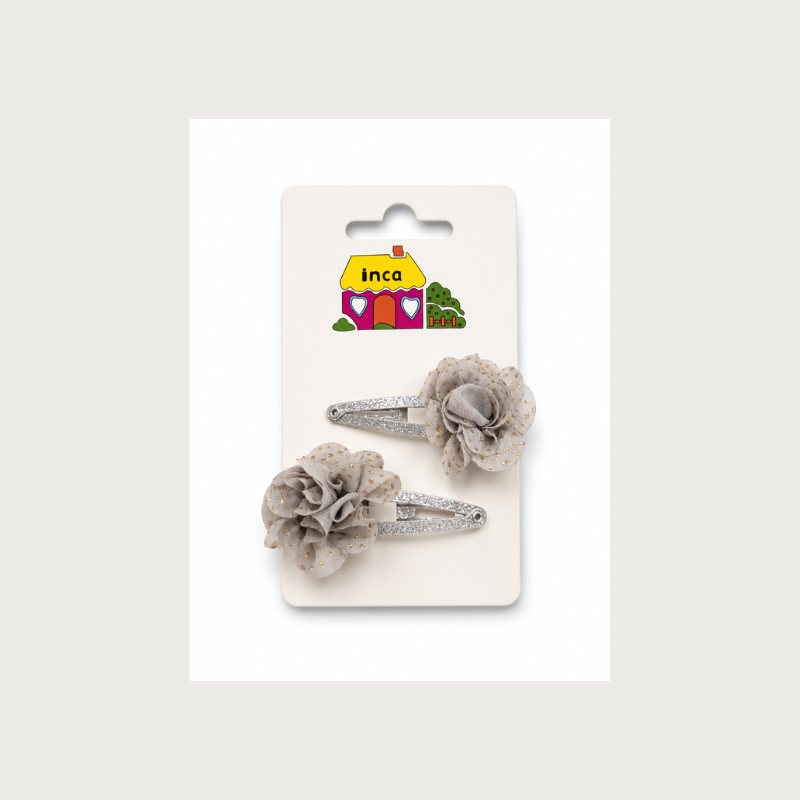 Pack 2 pinzas clip flor beige con glitter dorado Inca Hair – accesorios infantiles para el cabello