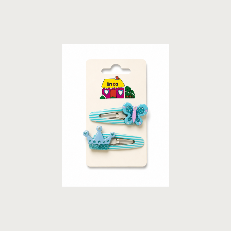 Pack 2 pinzas clip infantiles mariposa y corona azul glitter Inca Hair – accesorios para el cabello de niña