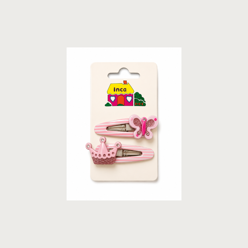Pack 2 pinzas clip mariposa y corona rosa glitter Inca Hair – accesorios infantiles para el cabello
