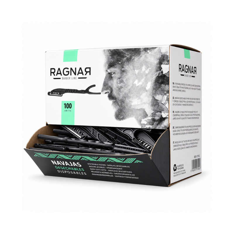 Navajas de Afeitar Desechables Profesionales Ragnar Ref. 07439, caja de 100 unidades para afeitado, perfilado de barba y barbería